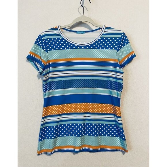 J McLaughlin Top Womens Small Striped Polka Dot Short Sleeve Scoop Neck Nylon - Picture 1 of 7